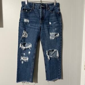 Old Navy High Rise Slouchy Straight Jeans Womens 8 Distressed Ripped Raw Hem